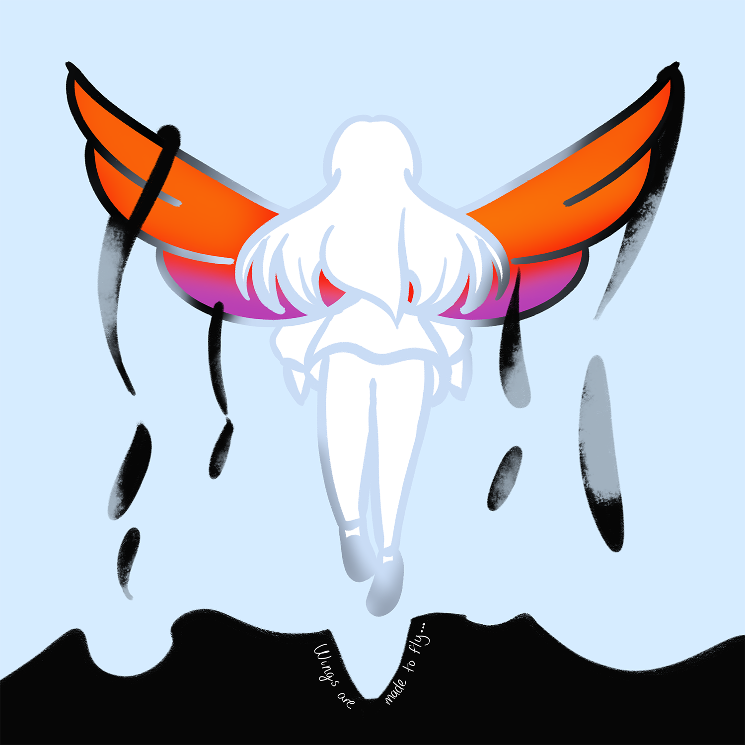 A girl with wings of gradiant color flying out of black sludge