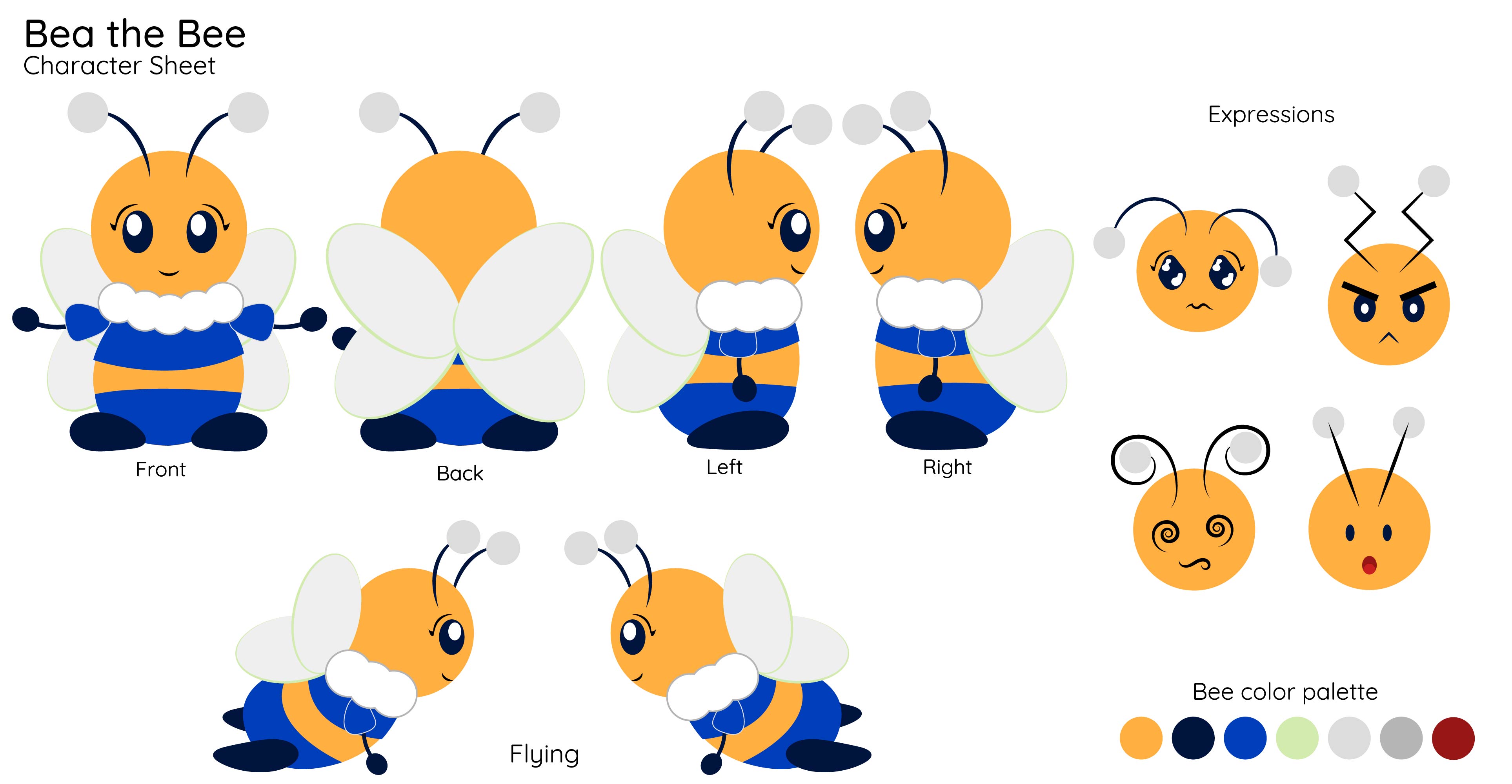 character sheet of Bea the Bee including front, back, and side views both in standing and in flight. Four expressions and color palette of the mascot.