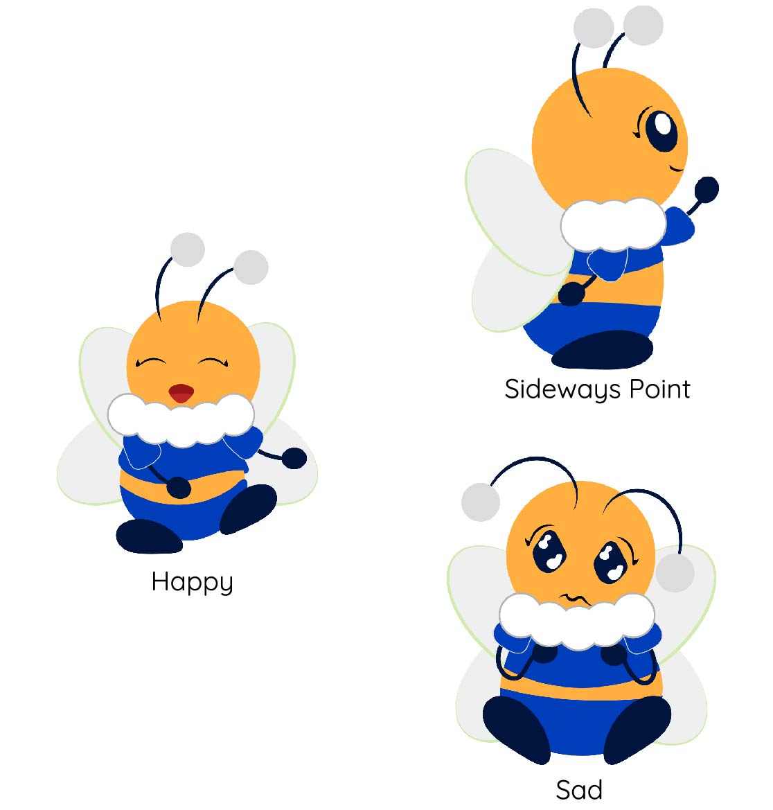 A character bee display emotions of sadness and happiness. Third one is the bee pointing at something